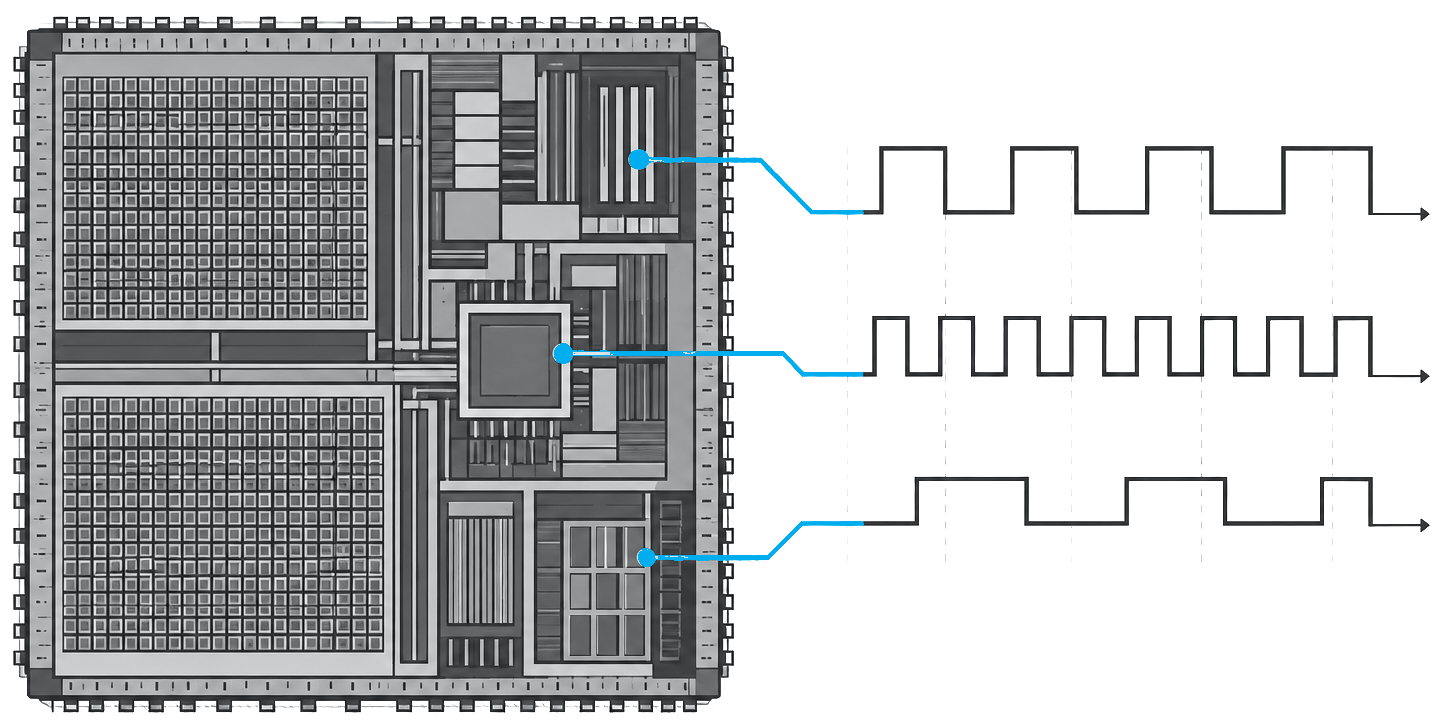 Illustrated semiconductor layout linked to digital timing traces