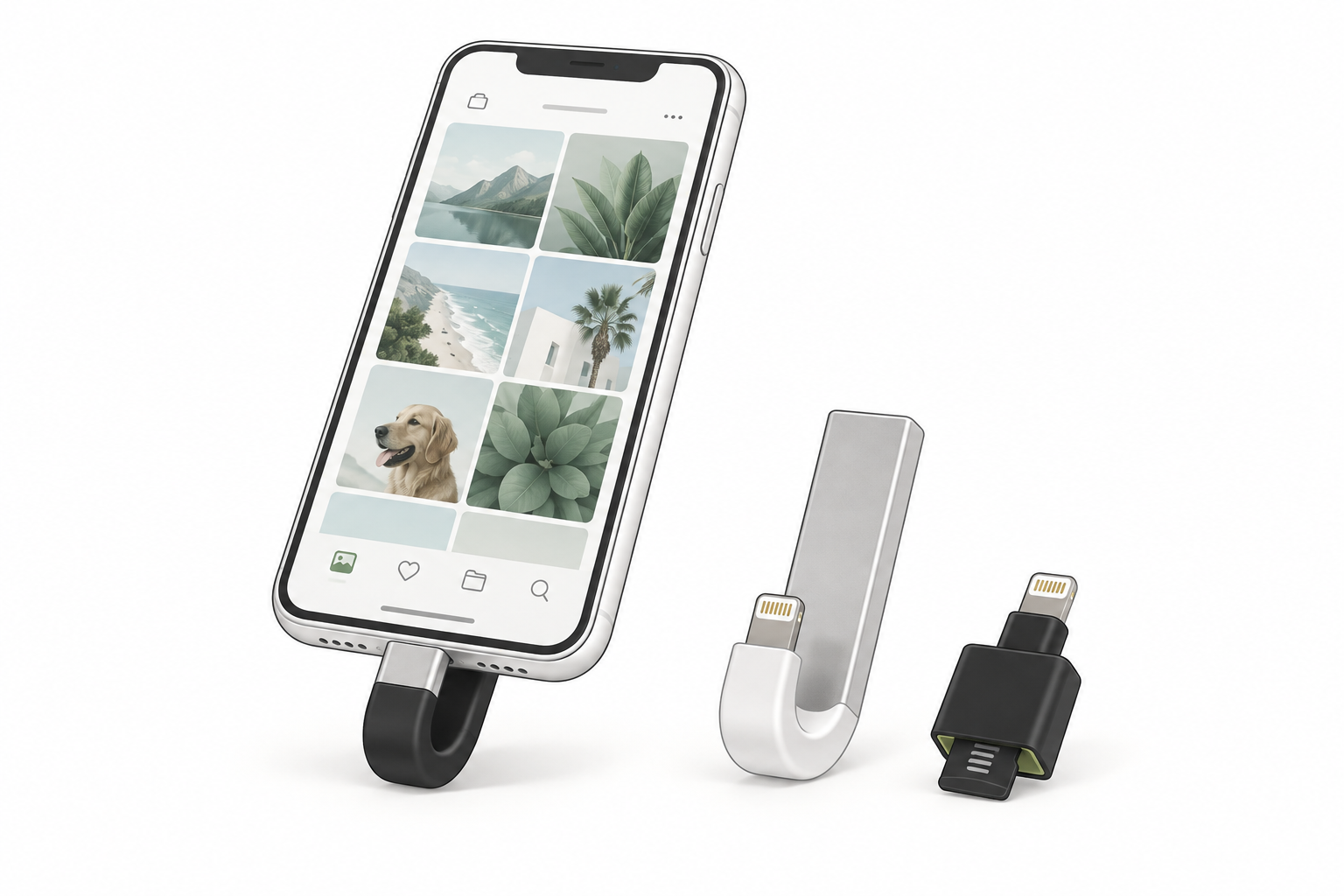 Illustration of a phone with a slim curved-back storage accessory, a second folded storage design, and a compact mobile card reader